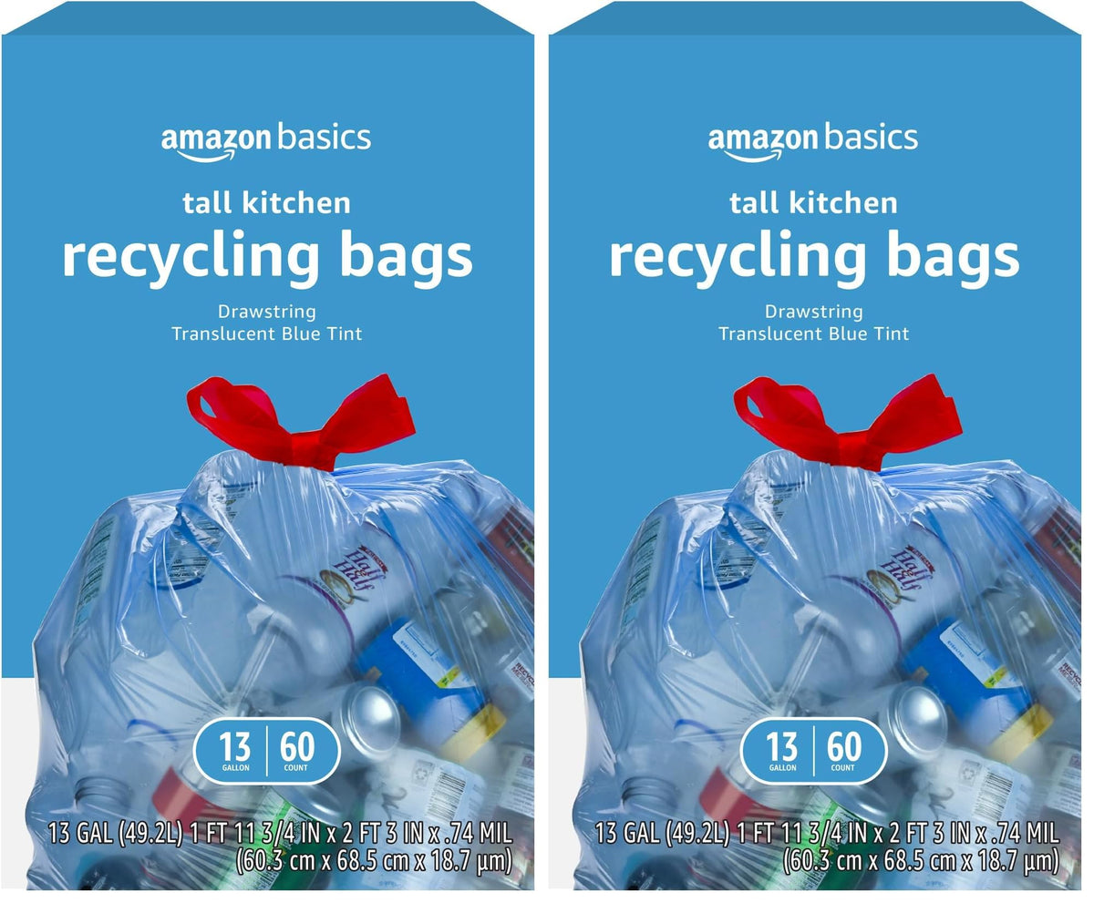 Amazon Basics Blue Recycling Drawstring Trash Bags, Tall Kitchen, Unscented, 13 Gallon, 60 Count