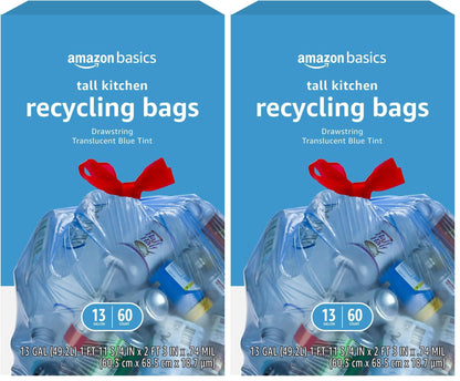 Amazon Basics Blue Recycling Drawstring Trash Bags, Tall Kitchen, Unscented, 13 Gallon, 60 Count