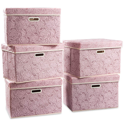 PRANDOM Larger Collapsible Storage Bin with Lid [1-Pack] Fabric Decorative Storage Box Cube Organizer Container Baskes with Handles Divider for Bedroom Closet Living Room Pink 17.7x11.8x11.8 Inch