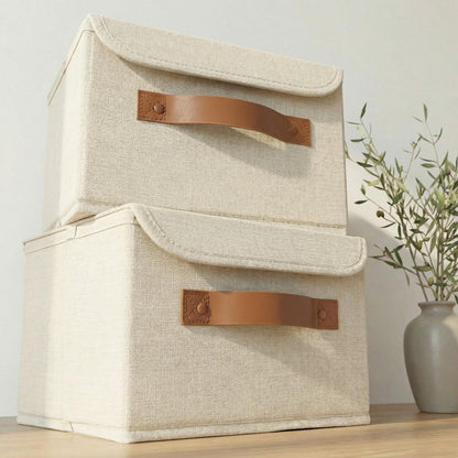 Decorative Linen Storage Boxes with Lids - Spacious Set of 2 Organizer Bins