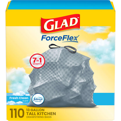 Glad Tall Kitchen Drawstring Trash Bags - Odorshield 13 Gallon White Trash Bag, Febreze Fresh Clean, 110 Count