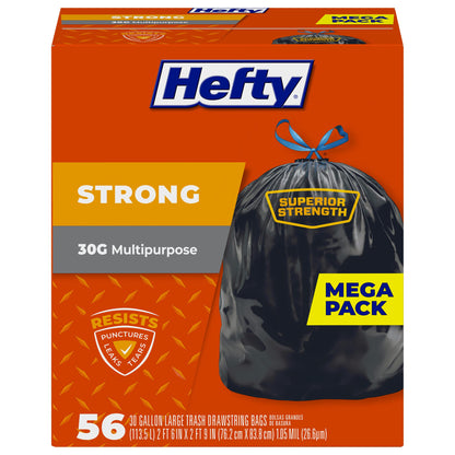 Hefty Strong 30 Gallon Trash Bags, Large Trash Bags 30 Gallon Size, Durable Drawstring Enclosure, Resists Punctures, Leaks, and Tears, Black, Unscented, 56 Bags