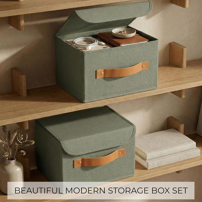 Decorative Linen Storage Boxes with Lids - Spacious Set of 2 Organizer Bins