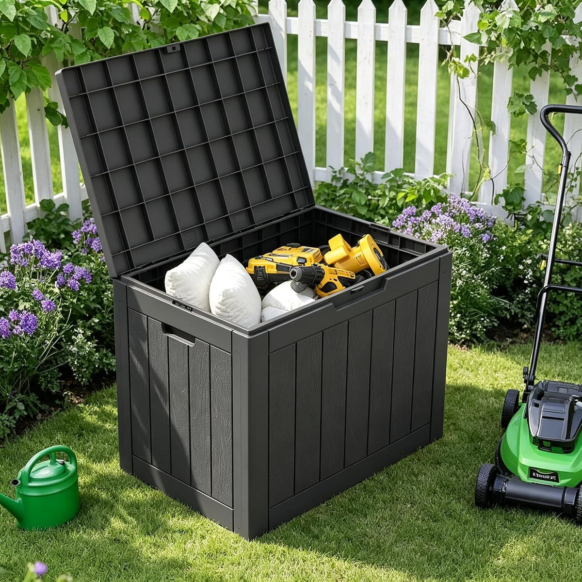 33 Gal Outdoor Storage Box Waterproof Lockable,Deck Box, Charcoal Black