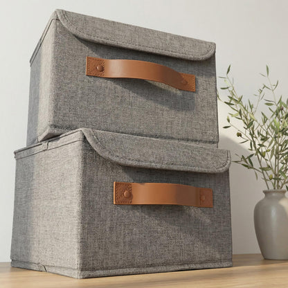 Decorative Linen Storage Boxes with Lids - Spacious Set of 2 Organizer Bins