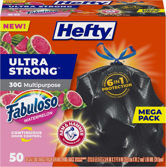 Hefty Ultra Strong 30 Gal Large Trash Bags, Fabuloso Watermelon, 50ct