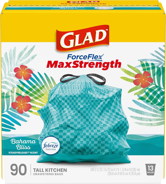 Glad ForceFlex MaxStrength Tall Kitchen Trash Bags, Rip and Tear Resistant, Bahama Bliss Scented Teal Tall Garbage Bags, Odor Control, Febreze Freshness, 13 Gallon, 90 Count